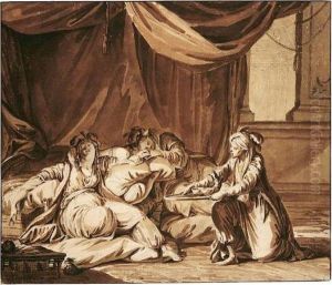 Two Oriental Ladies Resting On Pillows, A Servant With A Tray Beside Them Two Oriental Ladies Resting On Pillows, A Servant With A Tray Beside Them