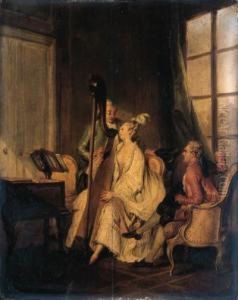 'l'accord Parfait': A Lady Playing The Harp For Two Young Men by Jean-Michel Moreau