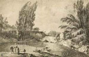 Figures In A Wooded River Landscape by Louis-Gabriel Moreau the Elder