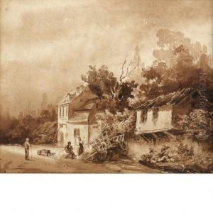 Figures Beside A Cottage by Louis-Gabriel Moreau the Elder
