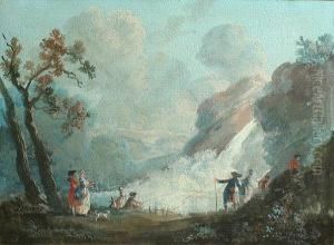 A Waterfall With Figures In The Foreground