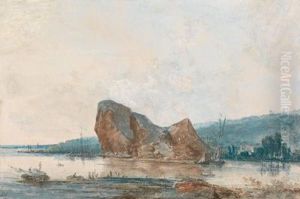 Kustenlandschaft Mit Booten An Einem Grosen Felsen