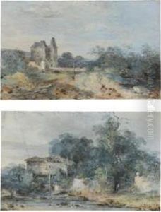 A Pair Of Landscapes, One With A Small Castle, The Other With A Rustic Building by Louis-Gabriel Moreau the Elder
