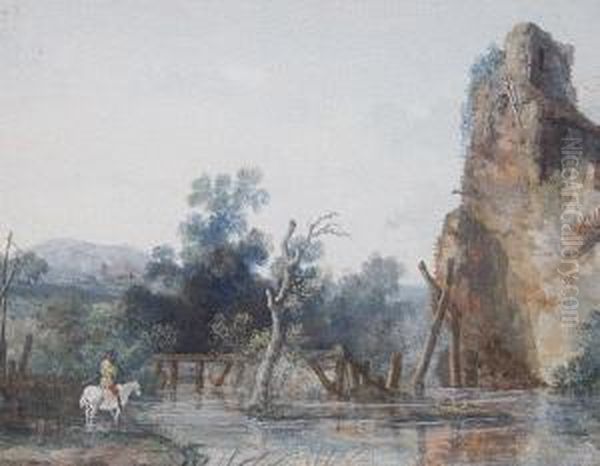 A Rocky Landscape With A Horseman Fording A Stream - view 1