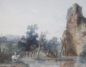 A Rocky Landscape With A Horseman Fording A Stream by Louis-Gabriel Moreau the Elder