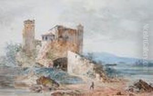 A River Landscape With Figures Amongst Ruins A River Landscape With Figures Amongst Ruins
