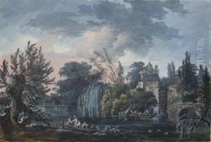 A River Landscape With Fishing Boats And A Mill by Louis-Gabriel Moreau the Elder