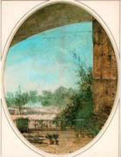 Personnages Franchissant Un Pont Dans Un Paysage Montagneux - view 1