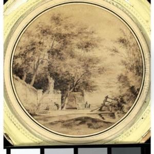 View Of A Park With A Woman At A Fountain by Louis-Gabriel Moreau the Elder