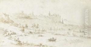 A View Of A French Village With Churches And A Chateau In Thedistance by Louis-Gabriel Moreau the Elder