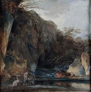 A Stag And A Hind At A Stream Below Cliffs by Louis-Gabriel Moreau the Elder
