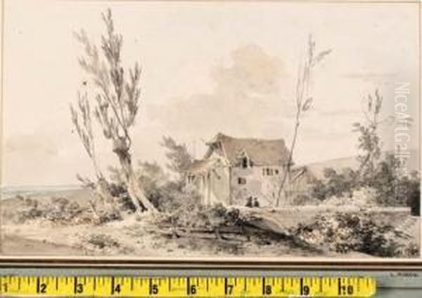 A Watermill With Figures Fishing On A Bridge - view 1