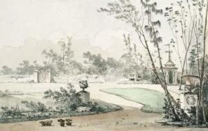 An English Garden Decorated With A Pagoda by Louis-Gabriel Moreau the Elder