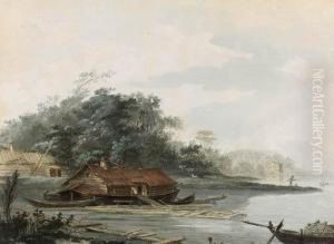 A Lake With A House Boat And Farm Buildings