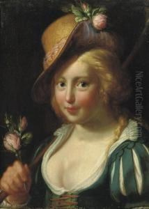 A Young Shepherdess Holding A Bunch Of Pink Roses by Paulus Moreelse
