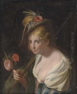 A Shepherdess, With A Bouquet Of Wheat, Poppy And A Rose by Paulus Moreelse