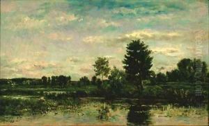 La barque au bord de la riviere by Charles-Francois Daubigny