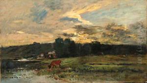 Landscape with Cow watering at a quiet Pool by Charles-Francois Daubigny
