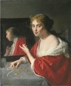 Vanitas: A Young Lady At A Draped Table Before A Black Framed Mirror by Paulus Moreelse