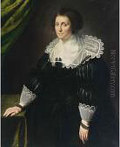 A Portrait Of A Lady, Seated 
Three-quarter Length, Wearing A Black Dress With A Composite White 
Collar And Cuffs, A Black Headdress And Pearl Jewellery - view 1