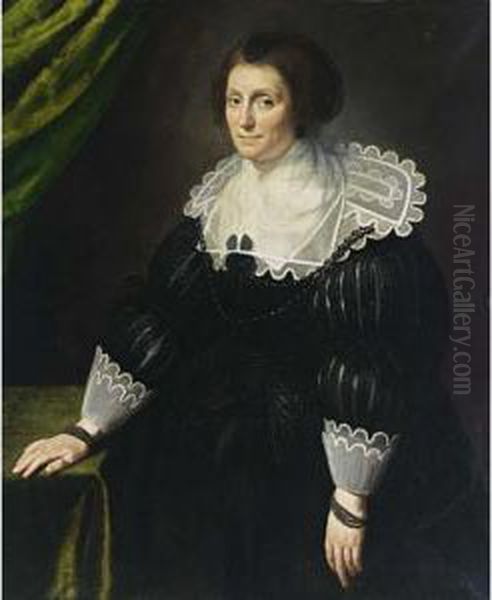 A Portrait Of A Lady, Seated 
Three-quarter Length, Wearing A Black Dress With A Composite White 
Collar And Cuffs, A Black Headdress And Pearl Jewellery, Leaning With 
Her Right Hand On A Table - view 1