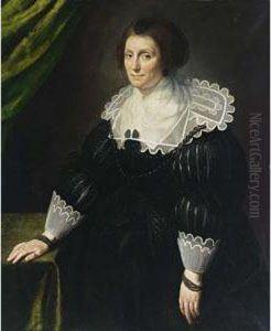 A Portrait Of A Lady, Seated 
Three-quarter Length, Wearing A Black Dress With A Composite White 
Collar And Cuffs, A Black Headdress And Pearl Jewellery, Leaning With 
Her Right Hand On A Table
