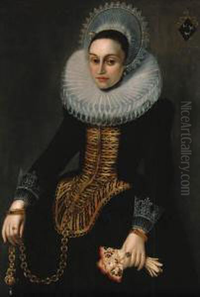 Portrait Of A Lady,
Three-quarter-length, In A Black Dress With Agold Stomacher And A Ruff
Holding A Pair Of Gloves And Achain - view 1