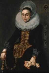 Portrait Of A Lady,
Three-quarter-length, In A Black Dress With Agold Stomacher And A Ruff
Holding A Pair Of Gloves And Achain by Paulus Moreelse