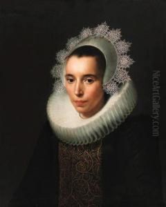 Portrait Of A Lady, Half-length,
In A Black Dress With Agold-embroidered Black Stomacher, In A Ruff And
Laceheaddress by Paulus Moreelse