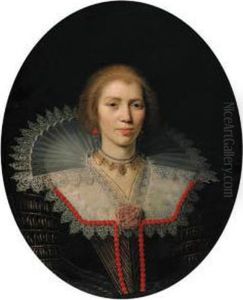 Portrait Of A Lady, Bust-length,
In A Gold-brocaded Black Dresswith An Elaborate Lace Collar And Coral
Beading by Paulus Moreelse