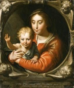 The Virgin And Child In A Feigned Stone Cartouche Withcherubs