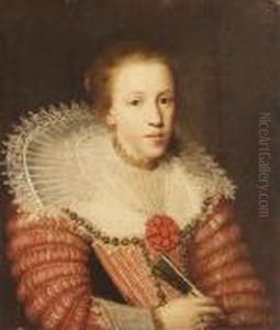 Portrait Of A Lady, Half Length, Wearing A Red Dress, A Lace Ruffand Holding A Fan