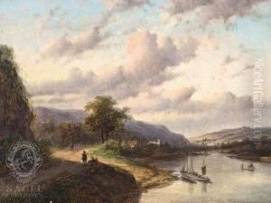 Extensive Riverlandscape With Travellers At The Riverbank