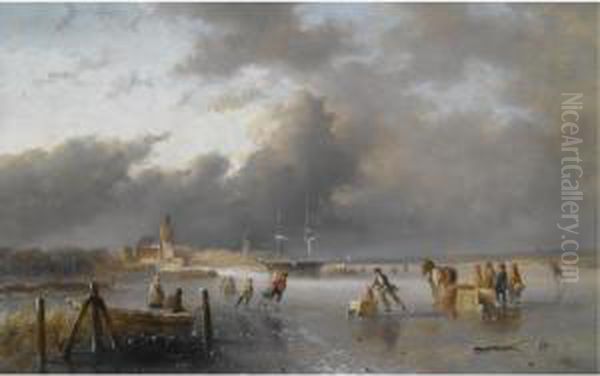 Skaters On A Frozen Waterway, A 'koek En Zopie' In The Distance - view 1