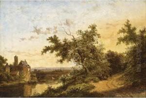 A Panoramic Landscape With
Figures On A Country Road; Travellers At Rest Near A Castle (a Pair) by Jan Evert Morel