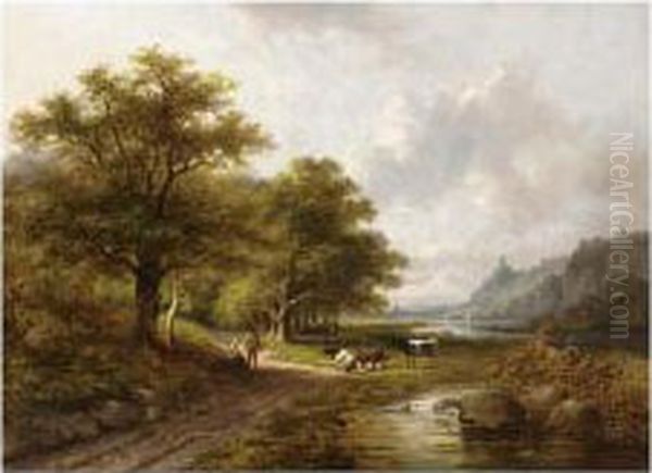 Peasants With Their Cattle In A Wooded Riverlandscape - view 1