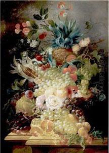 Still Life Of Various Fruits And
 Flowers On A Ledge Including A Pineapple And An Ear Of Corn