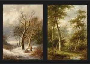 Wood Gatherers In A Snowy Landscape; Travellers In A Wooded Summer Landscape (a Pair) by Jan Evert Morel