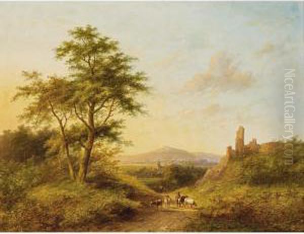 Figures And Cattle In A Panoramic Landscape - view 1
