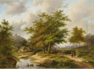 Travellers In A Wooded Summer Landscape, A Village In The Distance