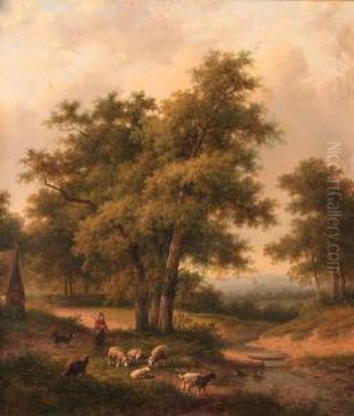 A Shepherd And His Flock In A Wooded Landscape - view 1
