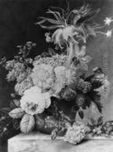 A Stil Life With Flowers In A Pot On A Marble Ledge