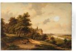A Panoramic View Of A River
Valley With Travellers Resting On Awooded Path In The Foreground by Jan Evert Morel