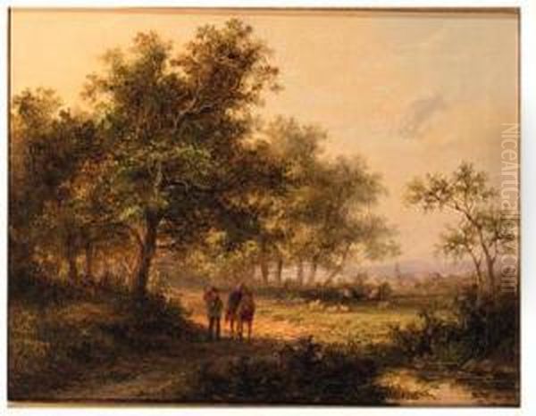 Travelers With A Donkey In A Wooded River Landscape - view 1
