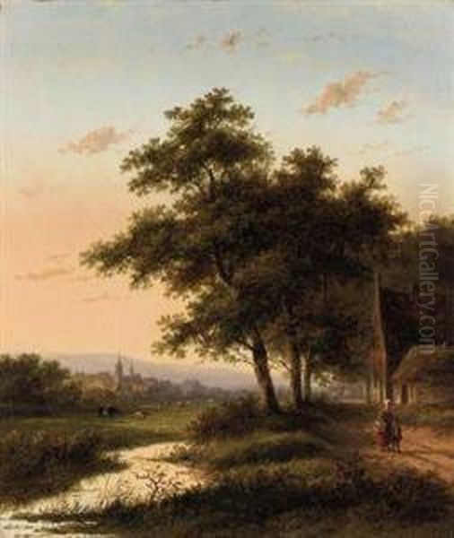 Travellers On A Country Road, A Town In The Distance - view 1