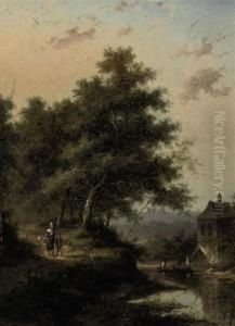 A Forest Landscape With A River And Figures Walking Down Apath A Forest Landscape With A River And Figures Walking Down Apath