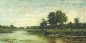 Herons au bord de l'etang by Charles-Francois Daubigny