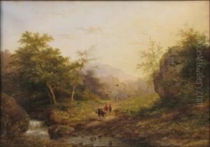 Cattle And Figures Near A Woodland Creek by Jan Evert Morel