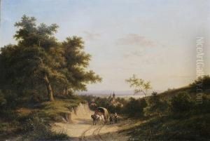 Figures And Horse Drawn Cart In
An Extensive Landscape, A Town And Lake Beyond; Figures And Pack-horses
In An Extensive Landscape, A Windmill And Town Beyond Both 'j. E.
Morel' by Jan Evert Morel