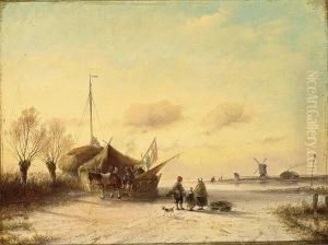 Figures Near A 'koek En Zopie' On A Frozen Waterway by Jan Evert Morel